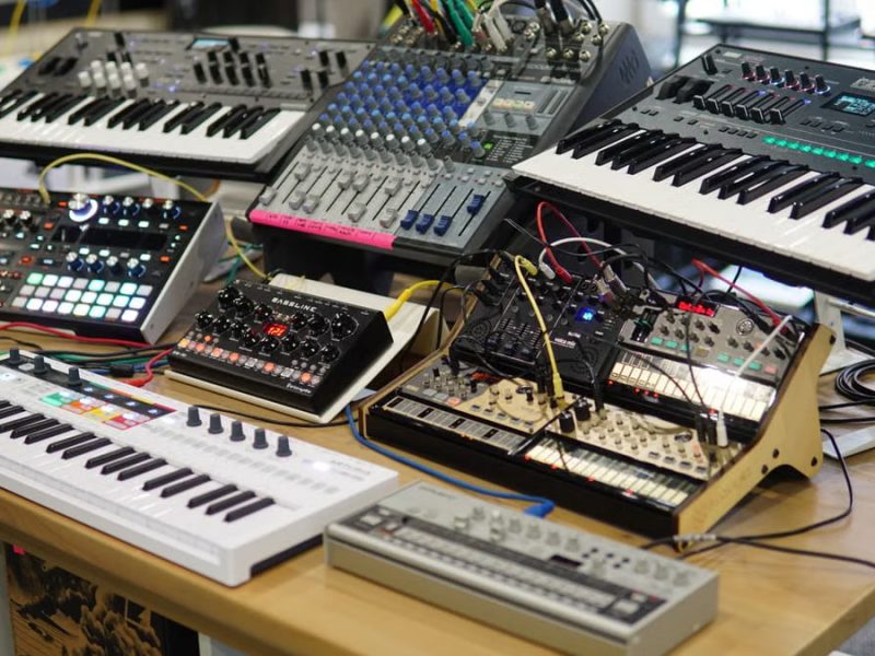 A diverse setup of electronic music production equipment on a wooden table, featuring synthesizers and sound mixers.